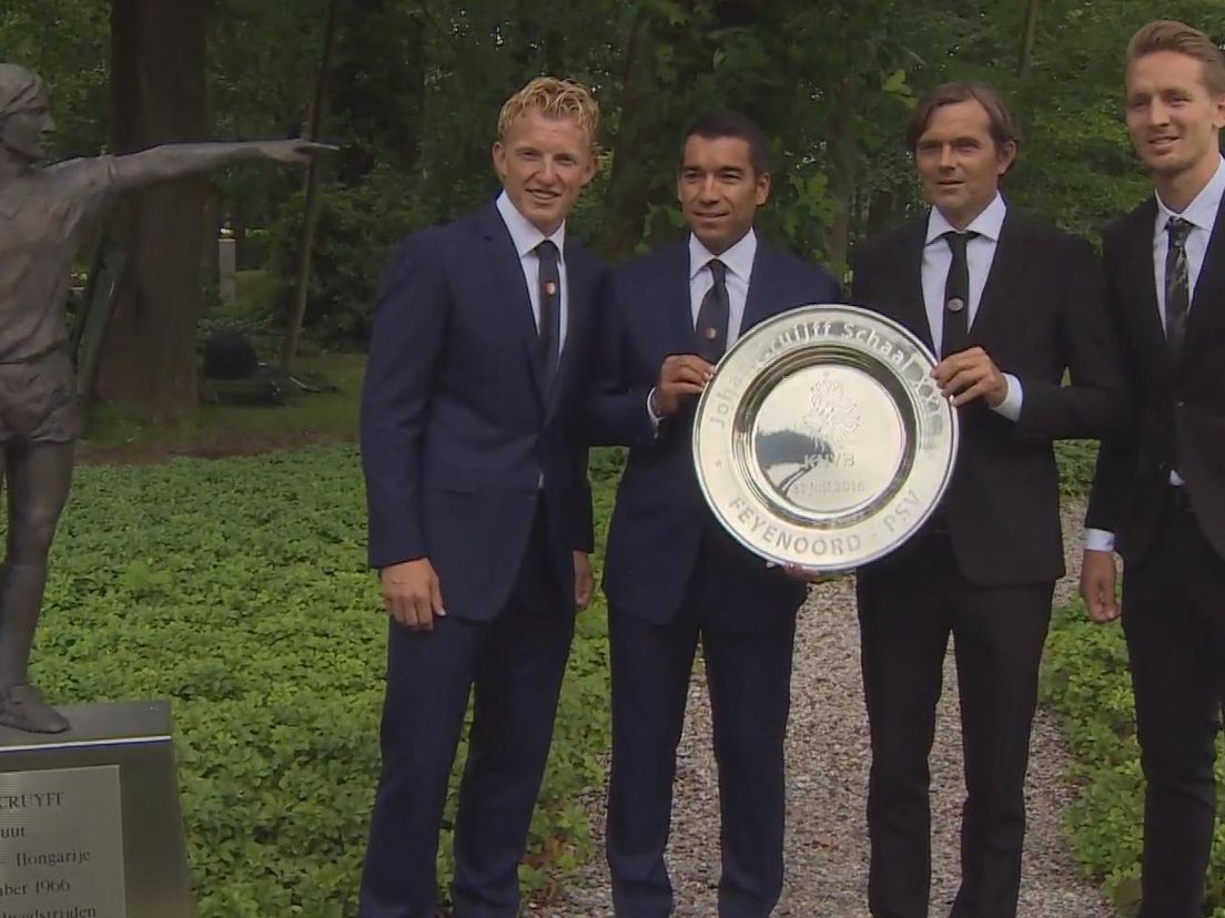 De trainers en aanvoerders van Feyenoord en PSV met de Johan Cruijff Schaal
