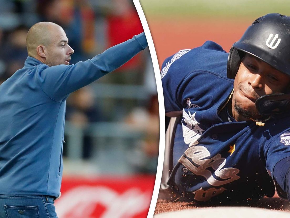 KV Mechelen-hoofdtrainer Danny Buijs (links) en Neptunus-honkballer Dwayne Kemp