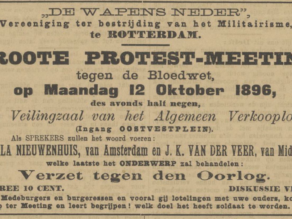 advertentie uit Recht voor Allen voor protestmeeting tegen dienstplicht, okt 1896