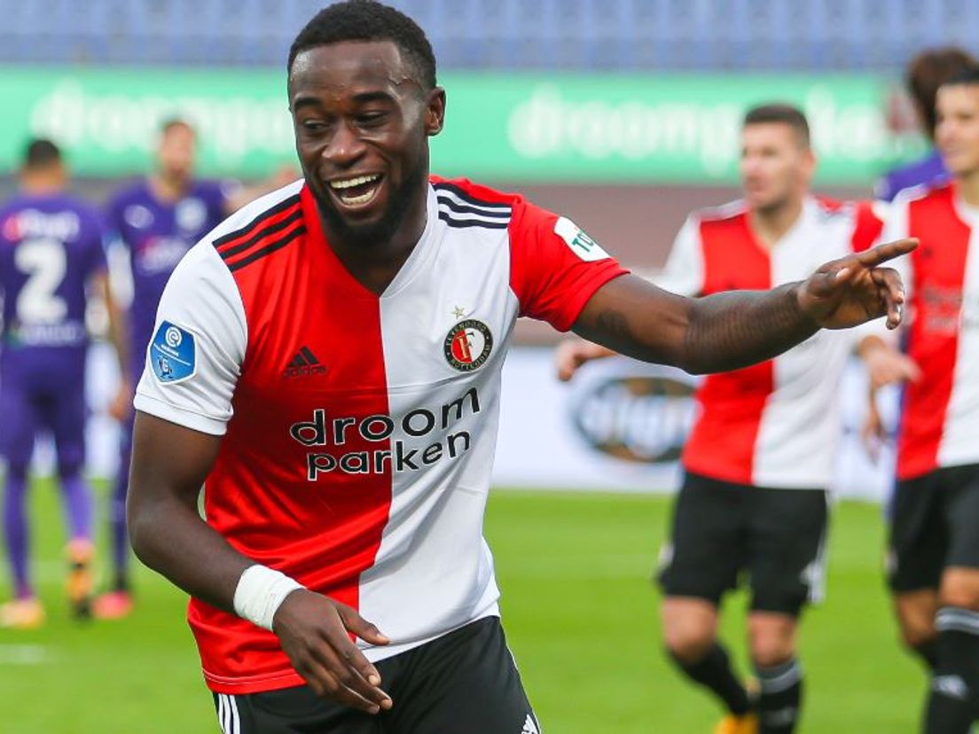 Lutsharel Geertruida vlak na zijn openingstreffer tegen FC Groningen. (VK Sportphoto - Mischa Keemink)