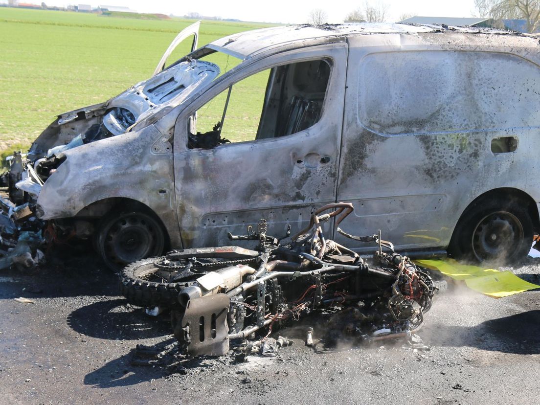 Van and motorcycle burn down after collision