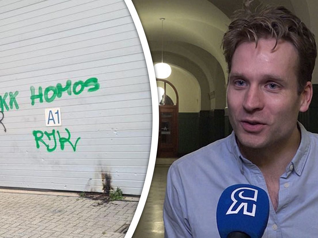 Links een van de homofobe leuzen op de sportschool, rechts Vincent Karremans