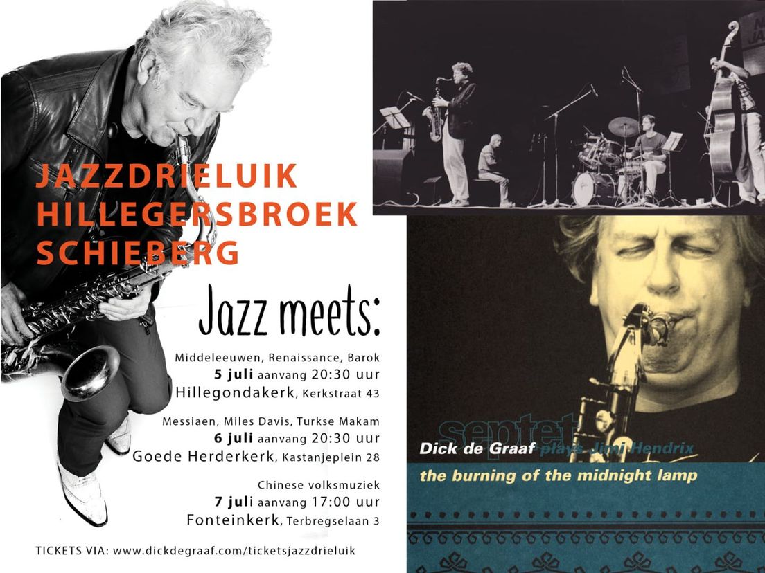 Dick de Graaf in 2019 in Hillgersberg-Schiebroek, rechtsonder op zijn Jimi Hendrix-cd uit 1998 en rechtsboven in 1987 tijdens de Nederlandse Jazzdagen in Zwolle