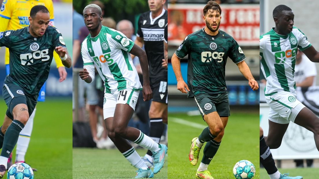 Damil Dankerlui, Emmanuel Matuta, Marin Sverko en Yahya Kalley in het shirt van FC Groningen