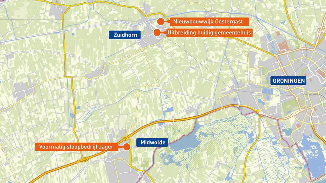 Mogelijke locaties van het nieuwe gemeentehuis