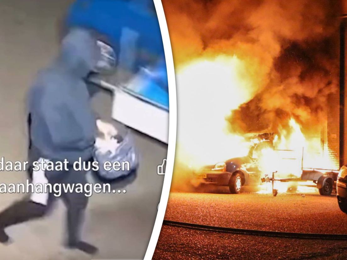 De dader in een video van de politie, en de brand die ontstond door de explosie