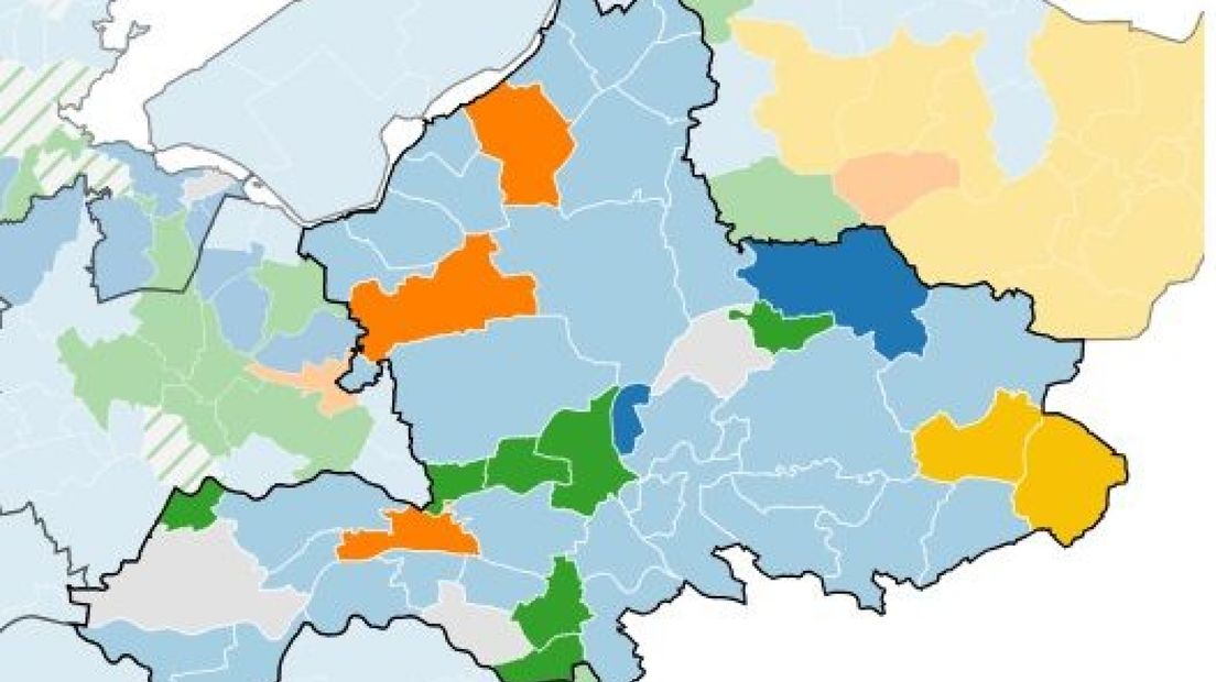 De kaart met uitslagen in Gelderland.