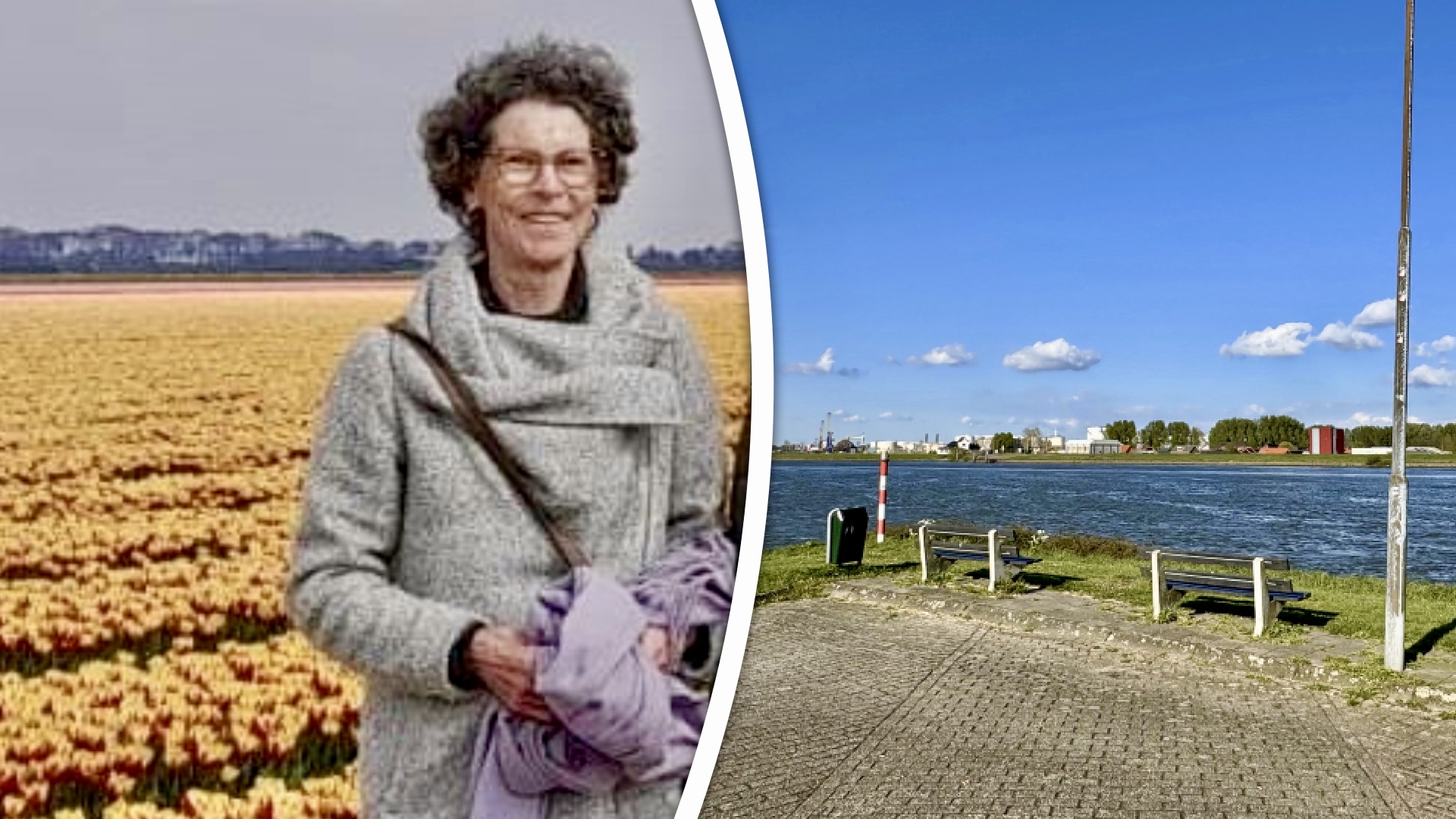 Links: Marijke met de jas aan die ze ook droeg toen ze voor het laatst is gezien. Rechts: Het bankje waar Marijkes fiets in maart is aangetroffen.