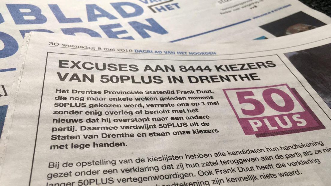 50PLUS maakt in de krant excuses voor de gang van zaken (Rechten: Wolter Klok/RTV Drenthe)