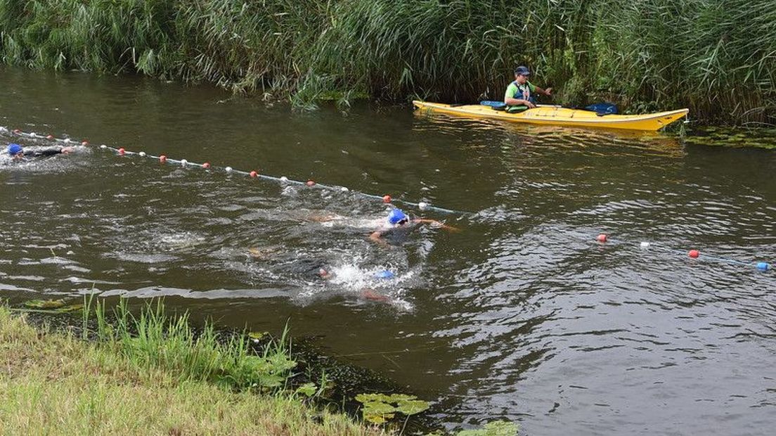 Het zwemparcours van de Prins Petfoods Triathlon Veenendaal was uitgezet in de Grift