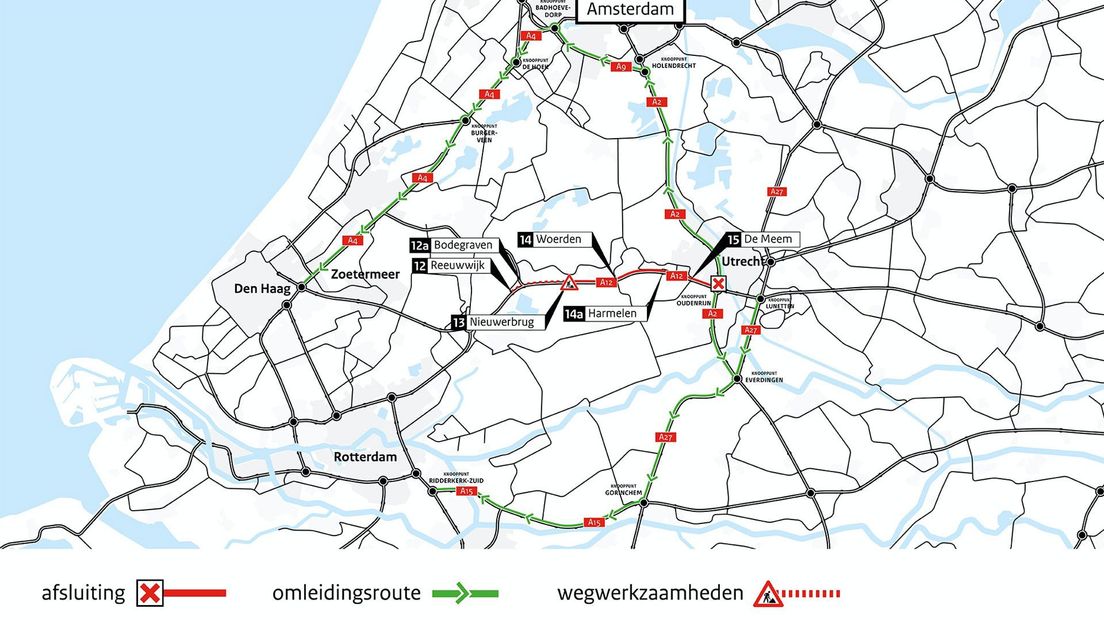 Omleidingen en afsluitingen door wegwerkzaamheden A12