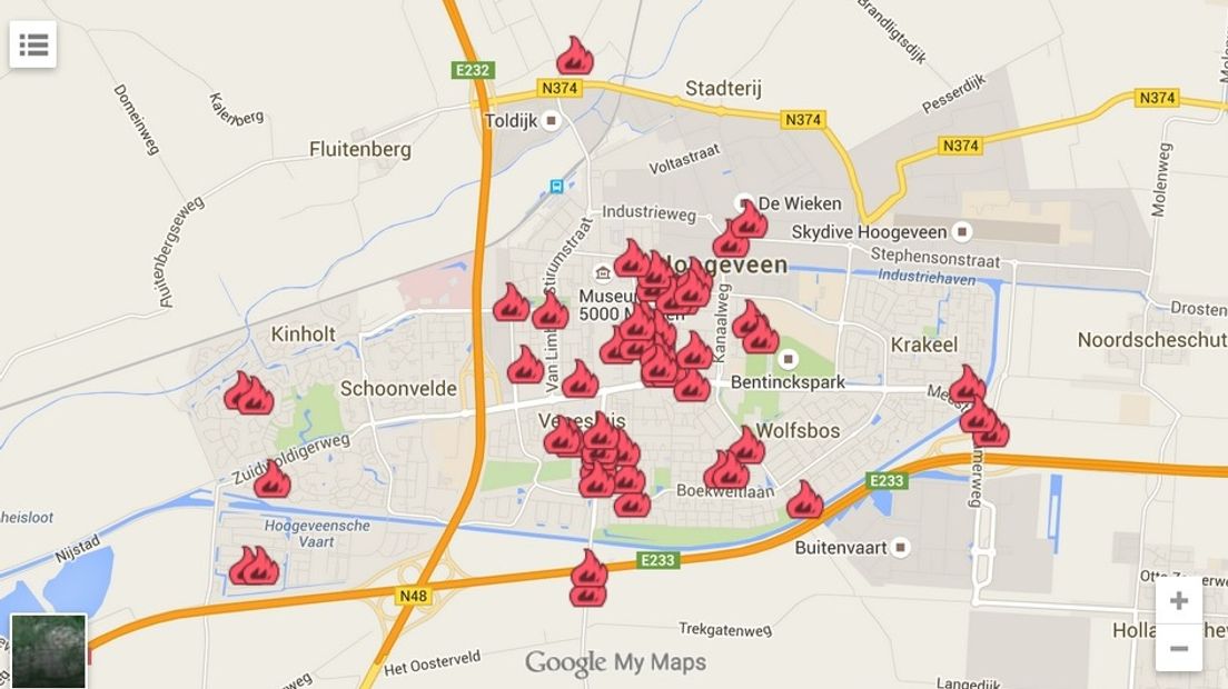 Branden in Hoogeveen (kaartje: RTV Drenthe)
