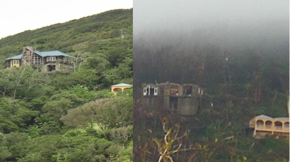 Het huis van Groenenberg voor de orkaan (links) en erna (rechts)