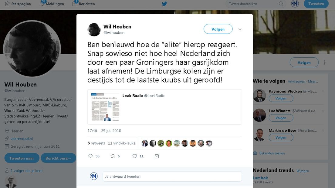 De tweet van de Voerendaalse burgemeester Wil Houben