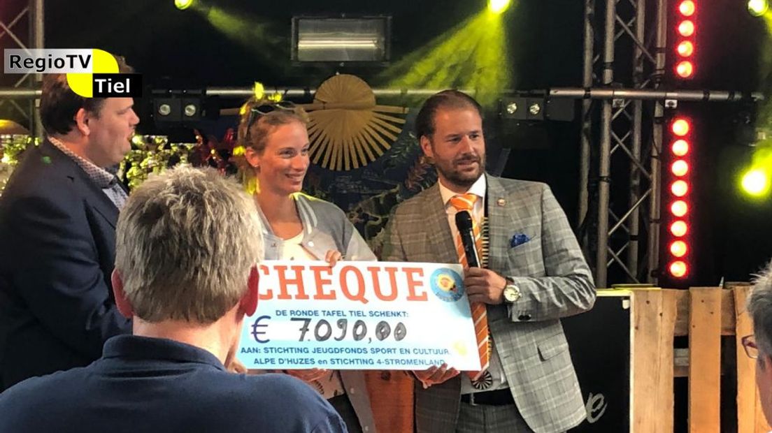 Tijdens het Fruitcorso 2019 heeft Ronde Tafel 35 Tiel met een originele Duckrace € 7090,- opgehaald voor het Jeugdfonds Sport & Cultuur Gelderland (JFSC). Merlin Bos en bestuurslid Marjon Hoogheid kregen de cheque uit handen van voorzitter Mike van Noord van de Ronde Tafel.