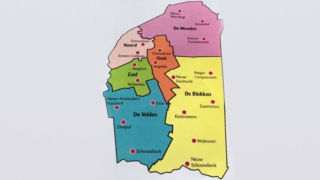 De zes gebieden in Emmen (tekening: gemeente Emmen)