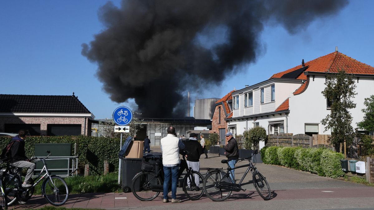 Zwarte rookwolken boven woonwijk tijdens brand bij bedrijf