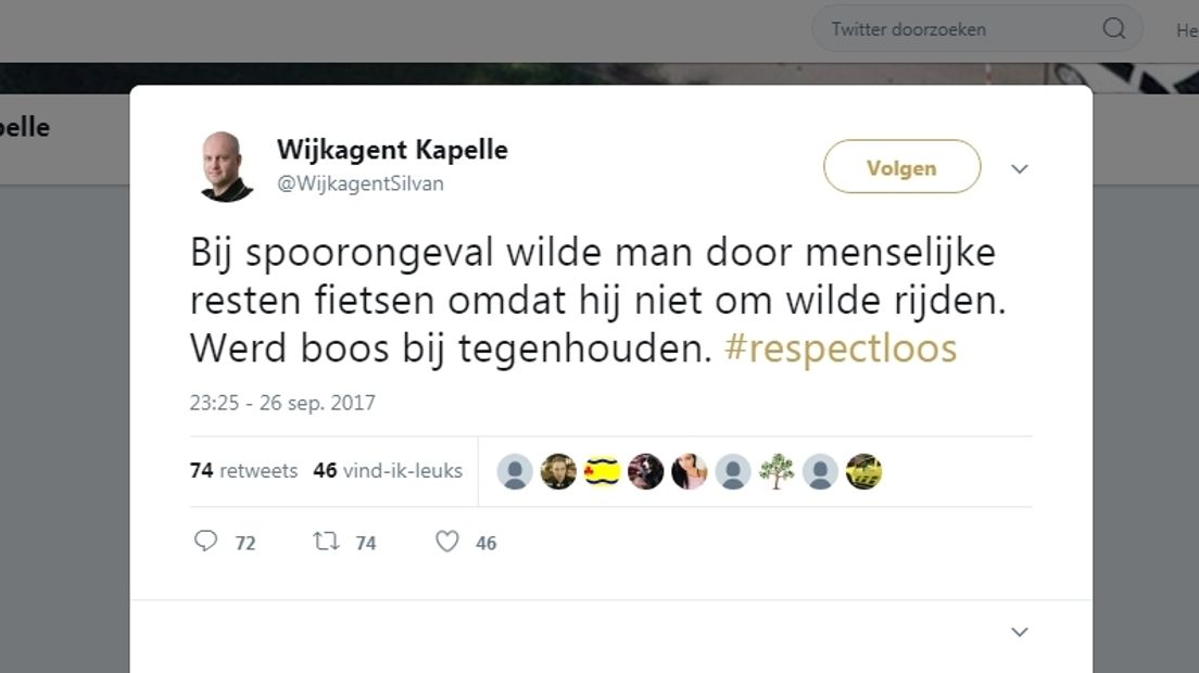 Tweet van wijkagent Silvan Vael #respectoos