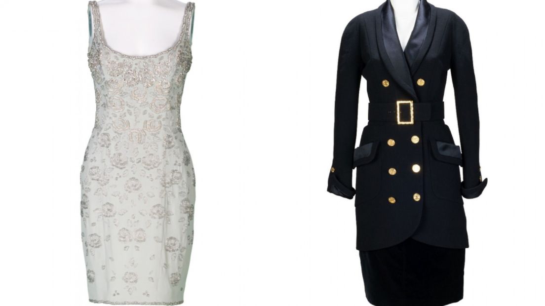 Catherine Walker, Cocktailjurk, Londen 1997 en Karl Lagerfeld voor Chanel Jasje en ceintuur Parijs, ca. 1990