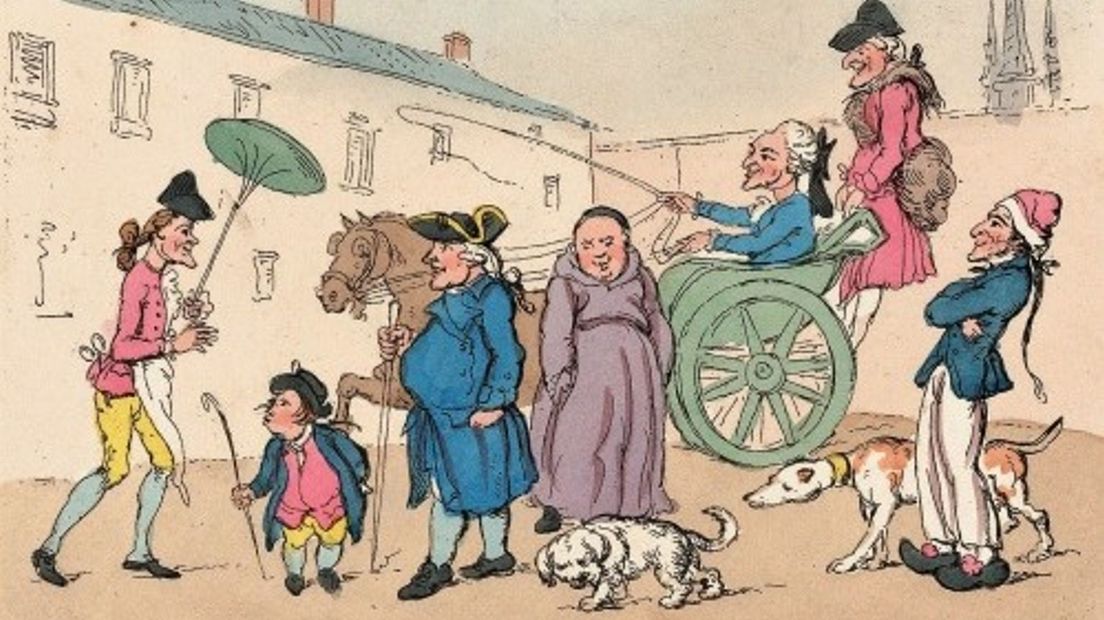 De eerste grote stop op de Grand Tour: Parijs. Satirische prent ca. 1767