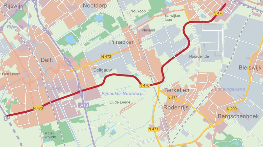 De N470 tussen Delft (links) en Zoetermeer (rechts)