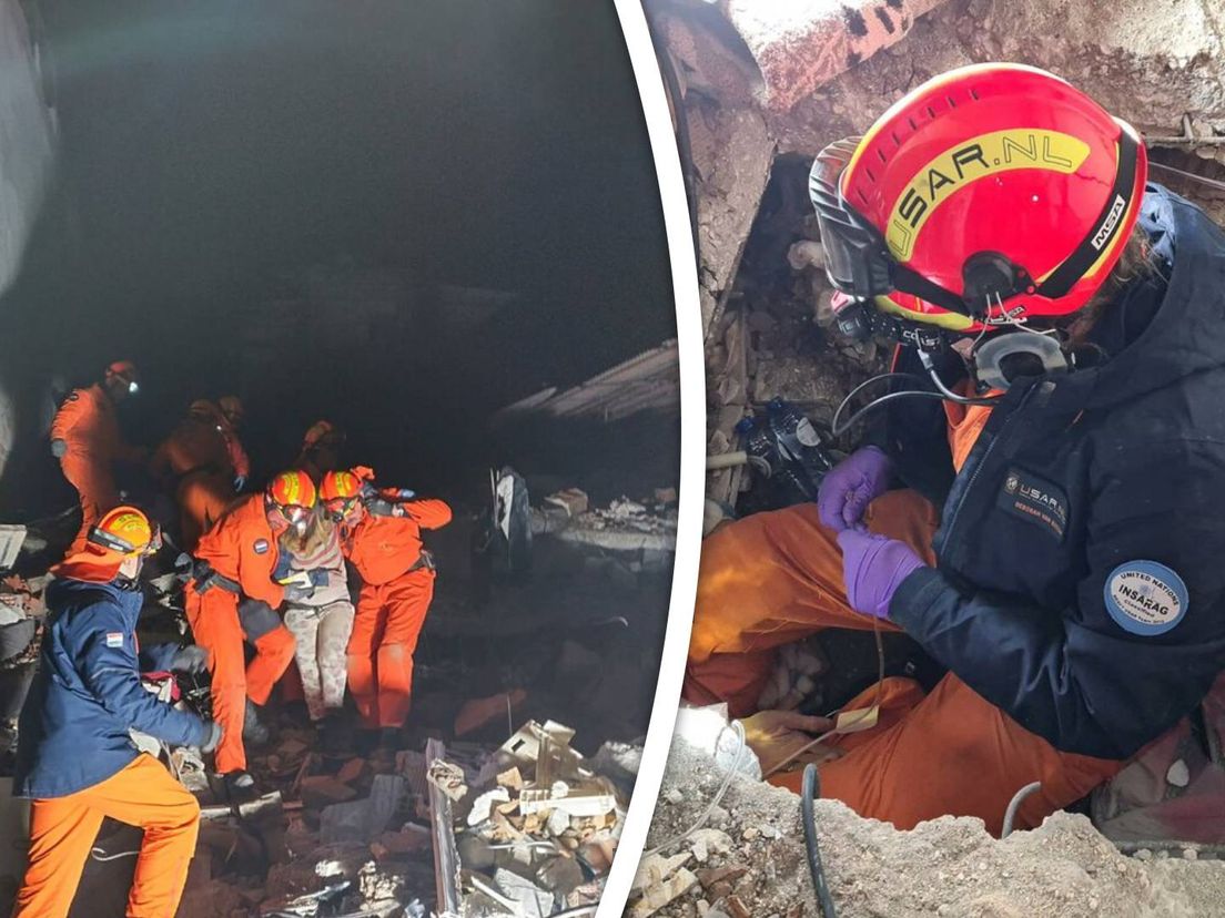 USAR-teams zoeken naar overlevenden tussen het puin na de aardbevingen in Turkije