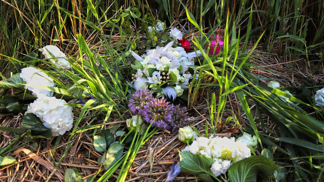 Bloemen en een kaarsje voor de overleden zwanen