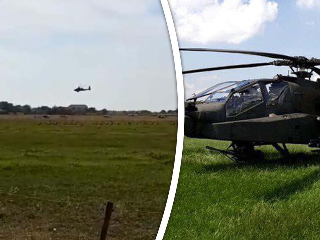 Een afbeelding uit het filmpje met de helikopter (l) en een Apache-gevechtshelikopter (r)