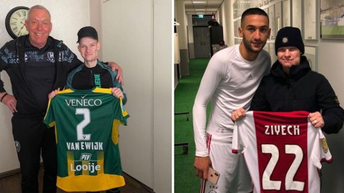 Dani Ebben met voetbalshirts in handen van Van Ewijk en Ziyech