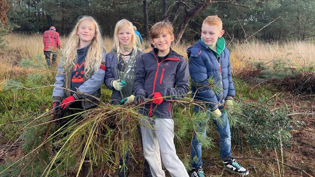 Kinderen van scholen in Uffelte en Wapserveen helpen Vogelwacht Uffelte e.o. bij het opschonen van de heide
