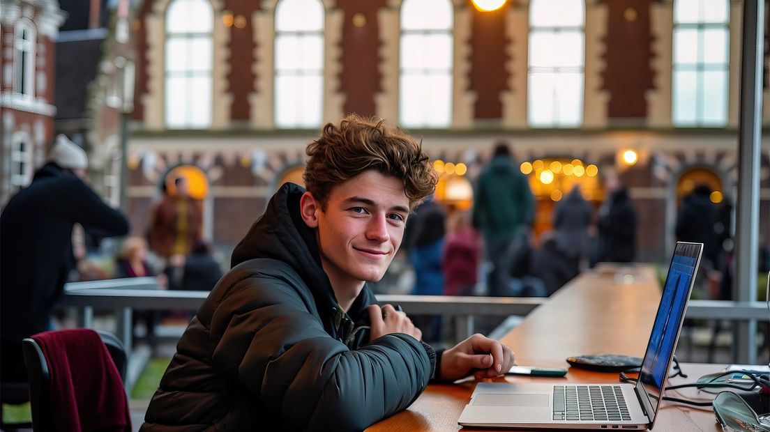 Een student achter een laptop in de stijl van Groningse fotograaf Annet de Graaf