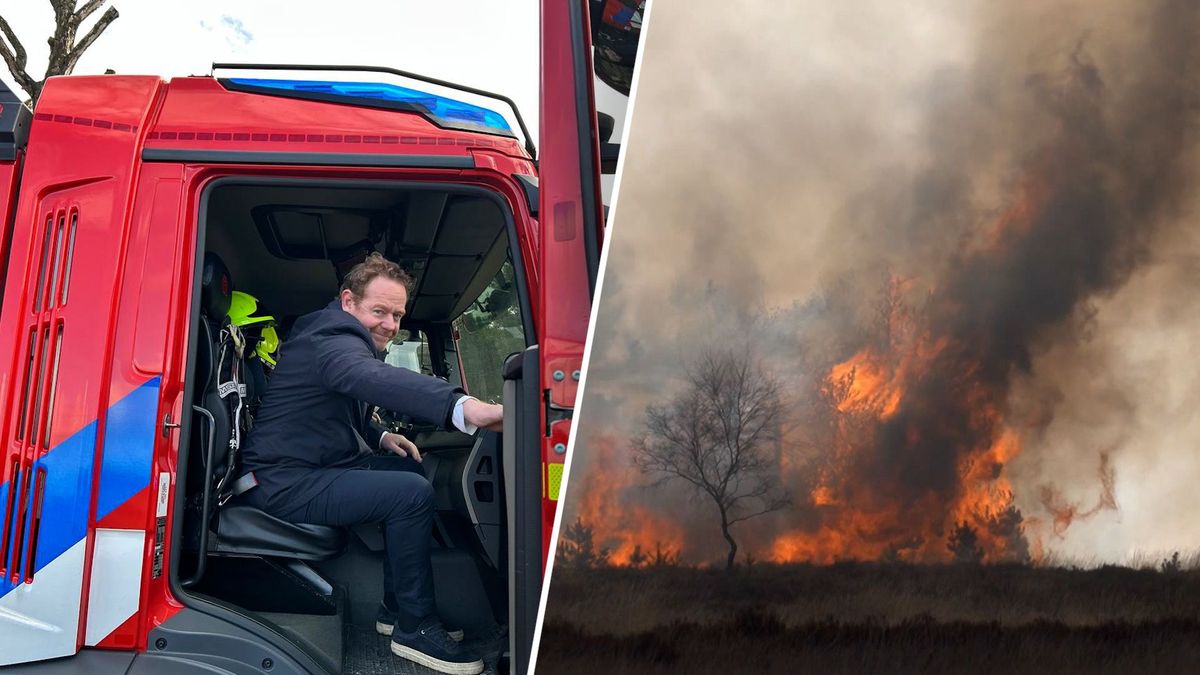 Minister stapt in tankspuitauto op de Veluwe, brandweer oefent grote natuurbrand