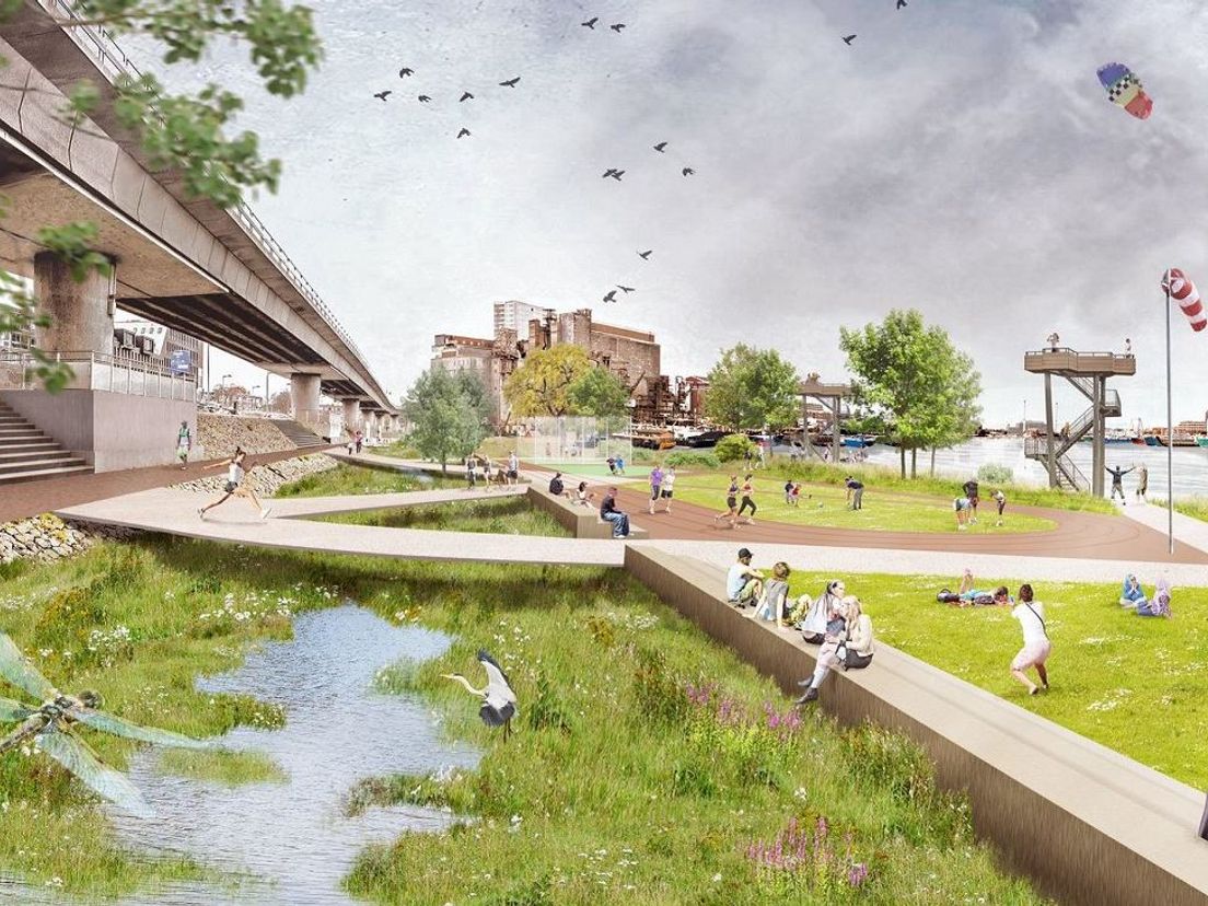 Artist impression van het getijdenpark in de Maashaven.