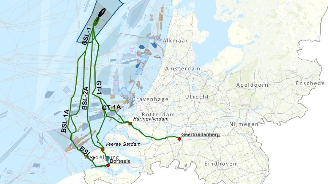 Mogelijke tracés stroomkabel vanaf windmolenpark 'IJmuiden Ver'