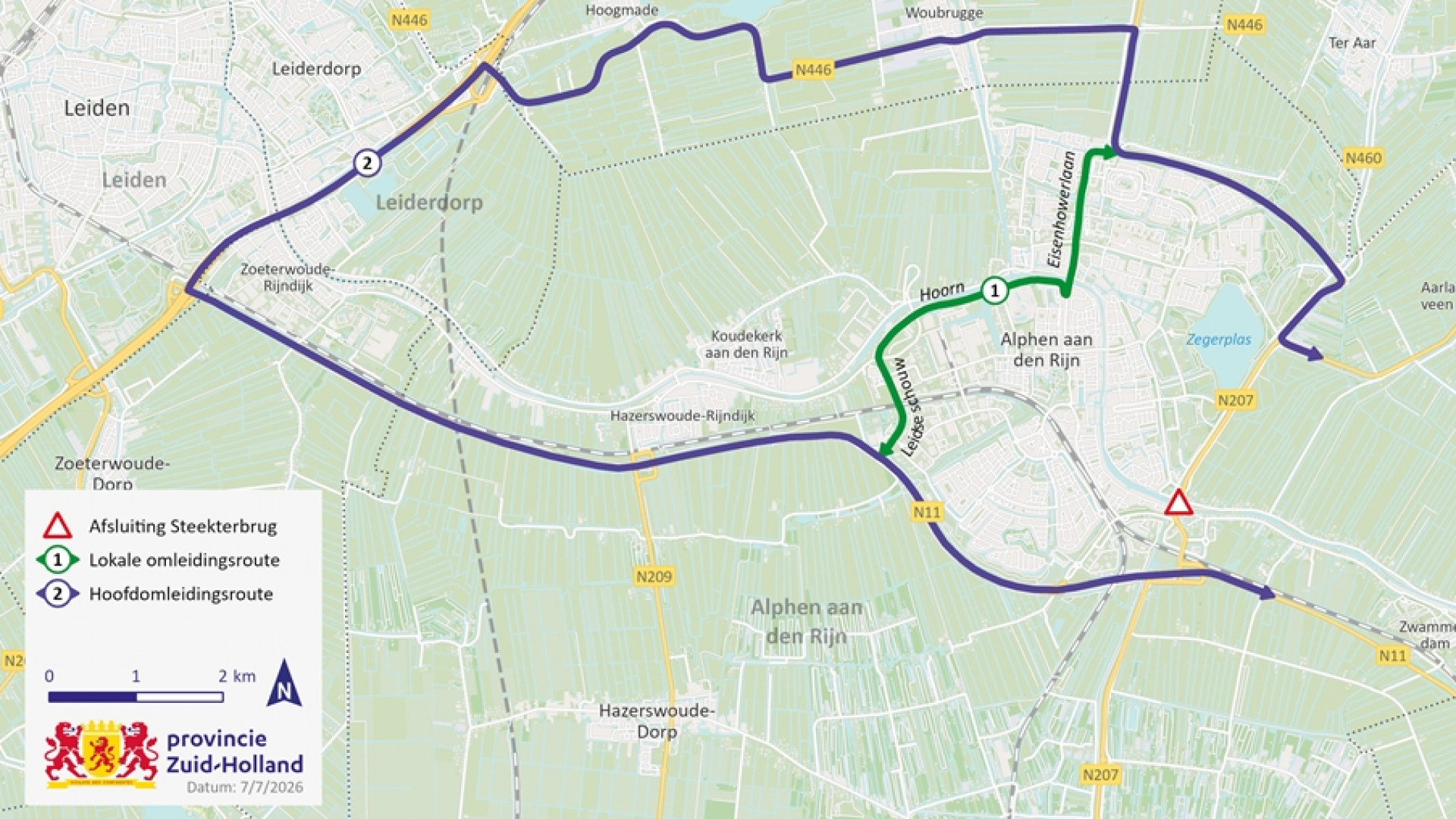 De omleidingsroute tijdens de afsluiting