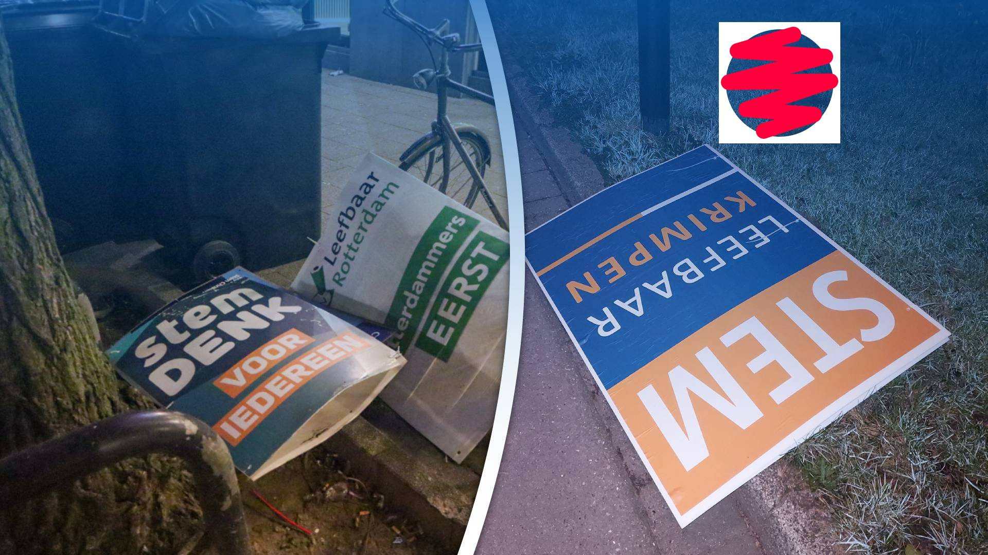 Op verschillende plekken zijn verkiezingsborden vernield, zoals in Rotterdam (l) en Krimpen aan den IJssel (r)