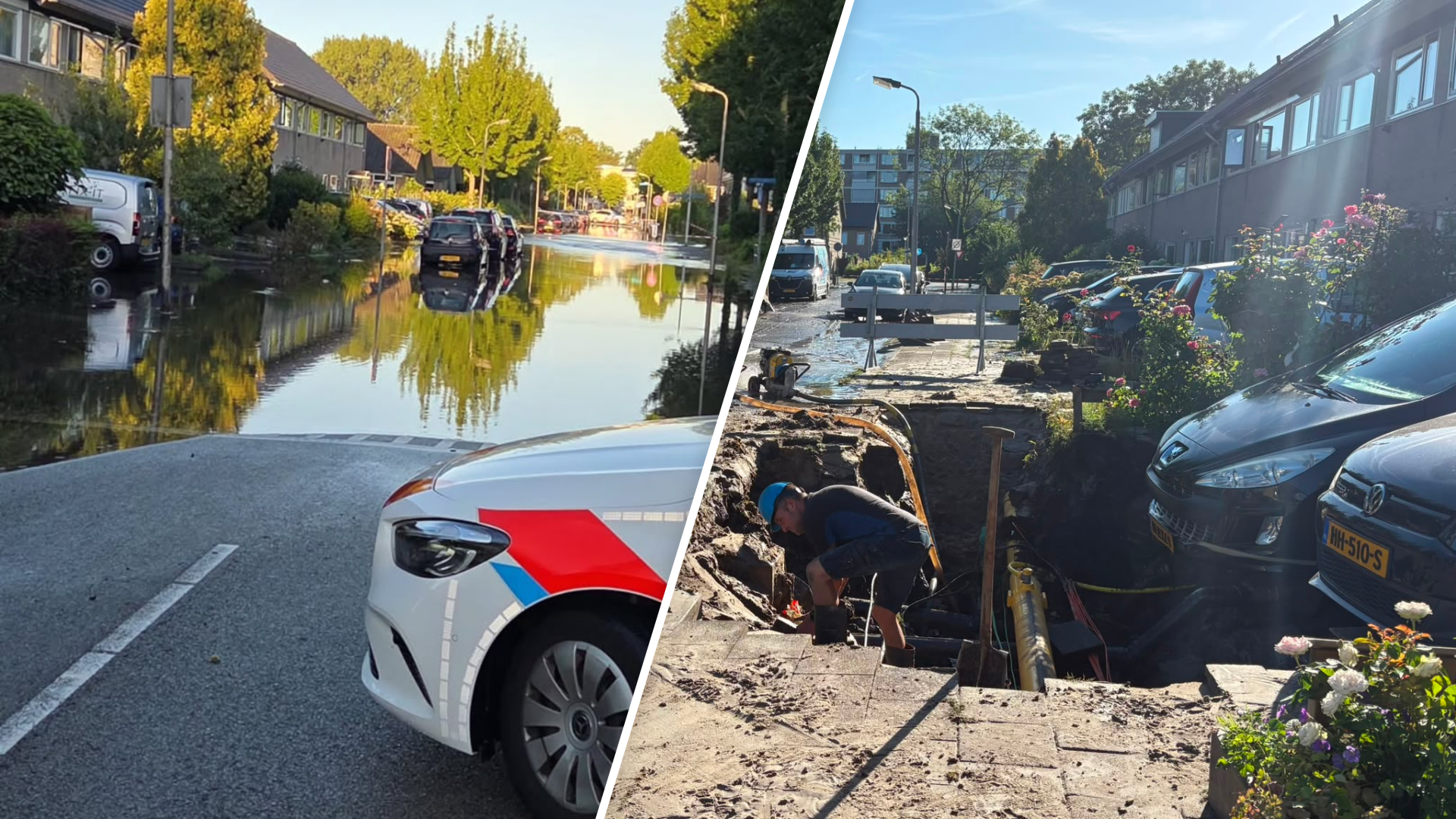 Straat vol met water door zinkgat, reparatie gaat nog uren duren