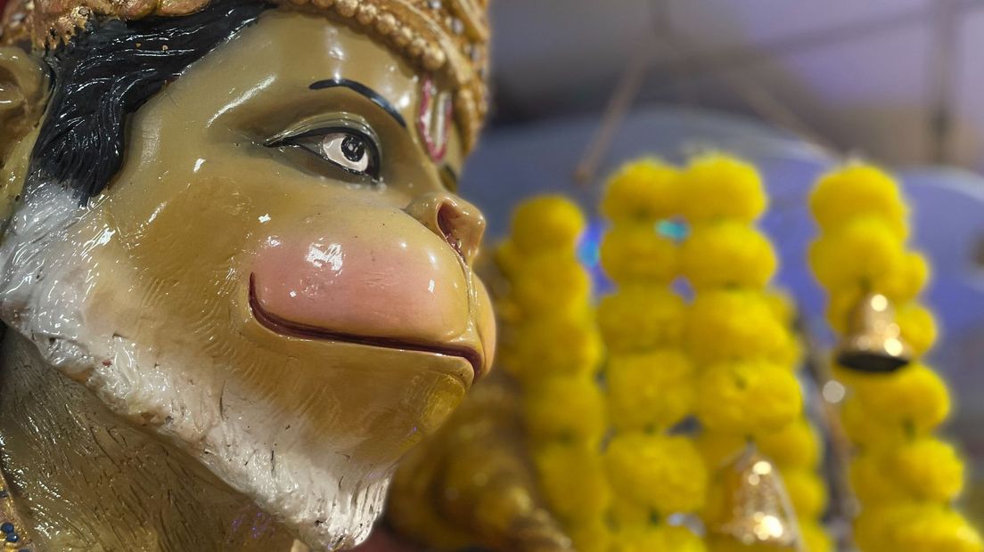 De apengod Hanuman staat naast het huisaltaar in de winkel