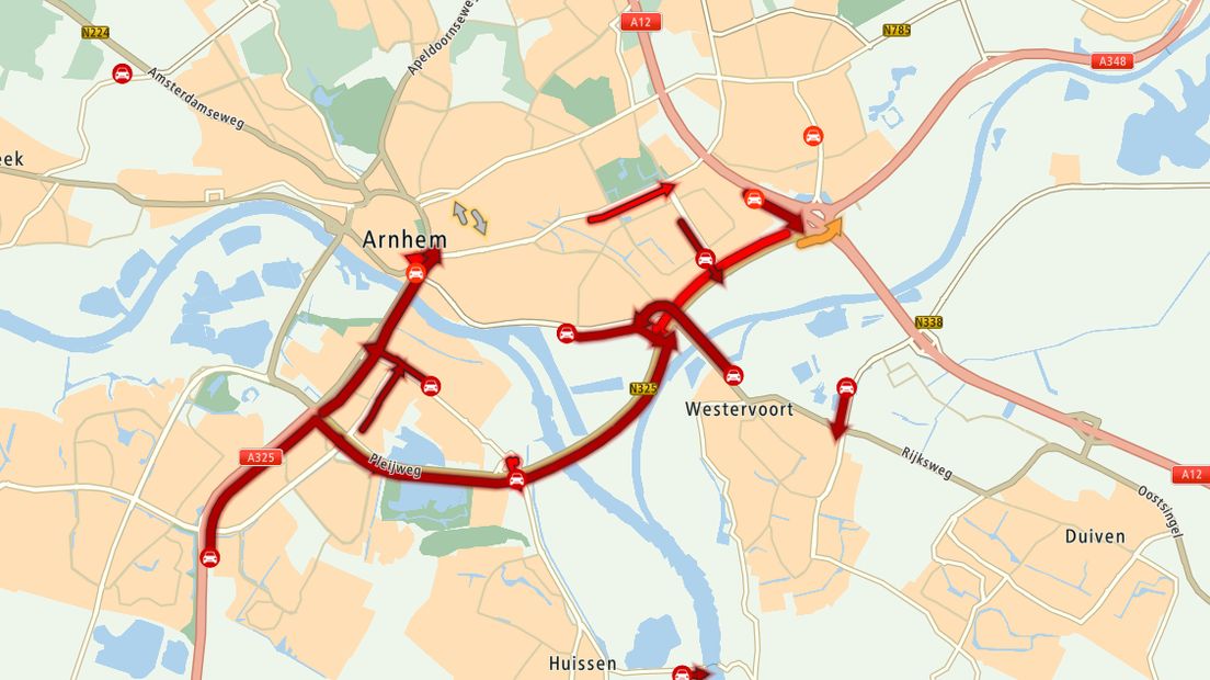De verkeerssituatie in Arnhem even na 16.00 uur.