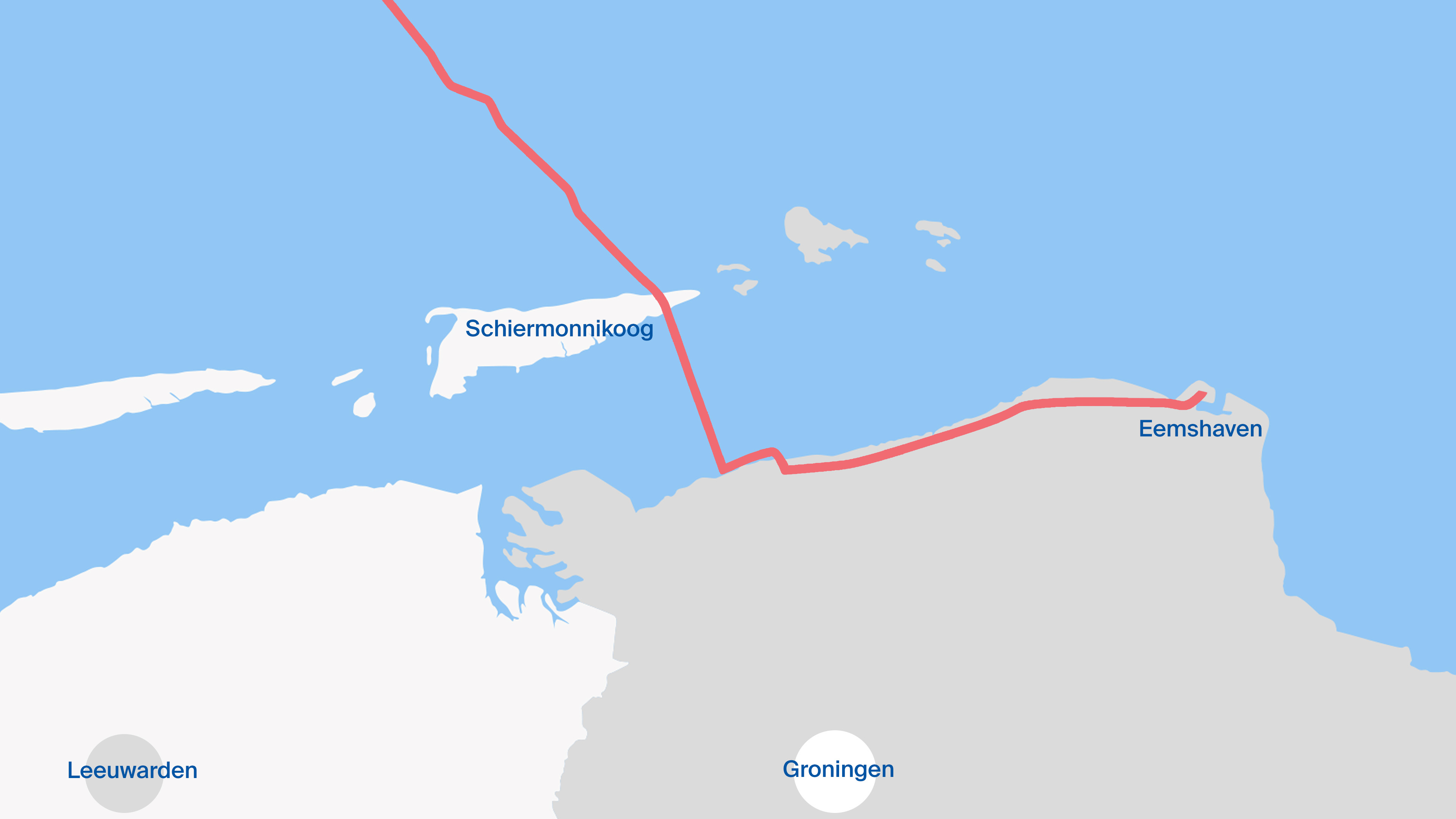 De route van de stroomkabel als die onder Schiermonnikoog door komt