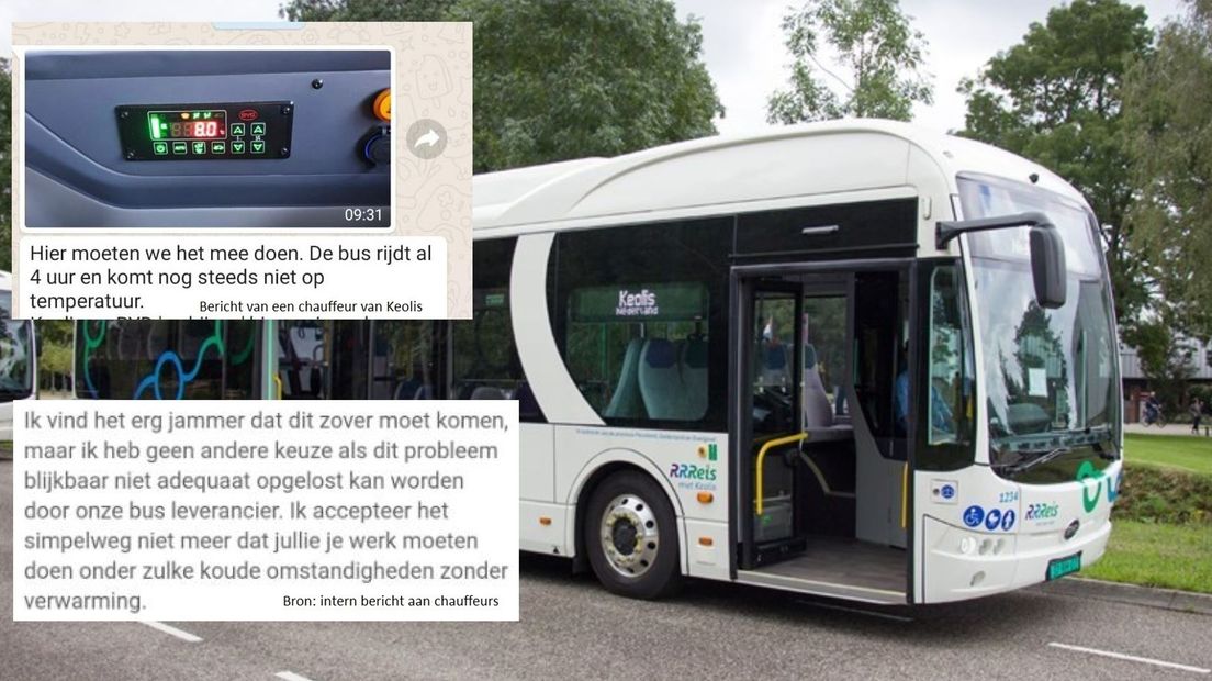 De elektrische bus van Keolis. Inzetjes: bericht van een chauffeur en interne mededeling aan chauffeurs.
