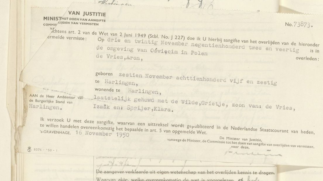Pas yn 1951 koe it ferstjerren fan Aäron de Vries (yn 1942) yn de boargerlike stân opnaam wurde