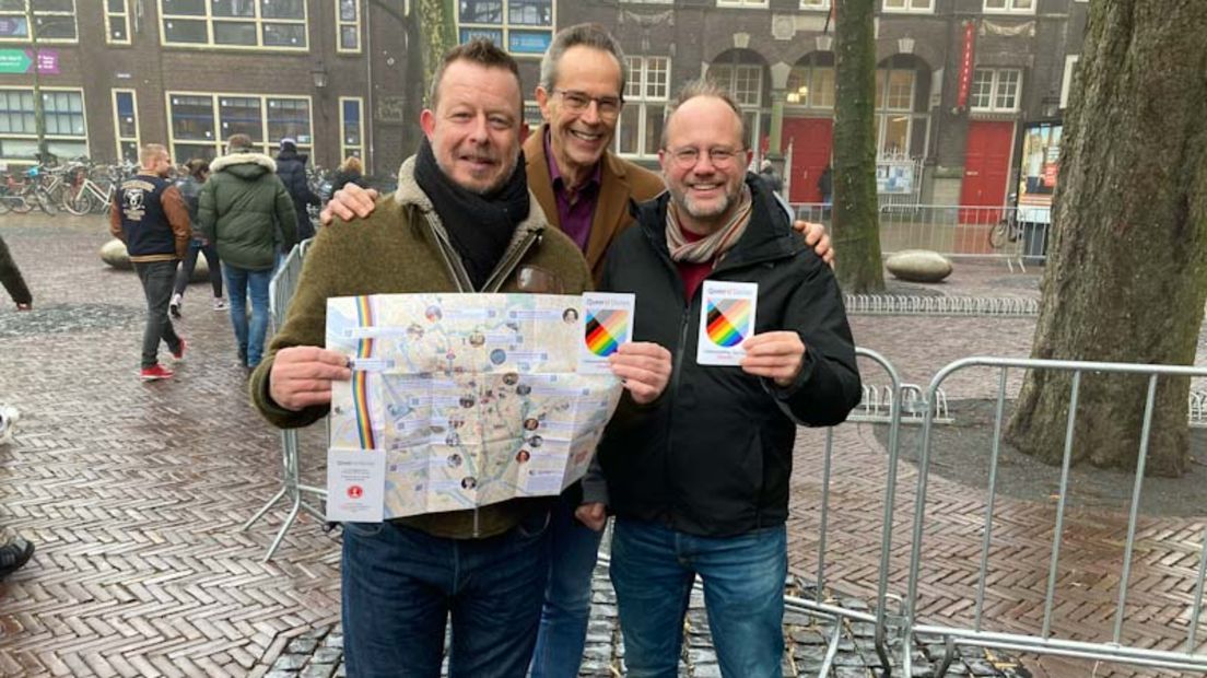 Robbert Kalff (voorzitter Utrecht Pride), Evert van der Veen (projectleider Queer U Stories) en Joost de Vries (voorzitter Queer Film Festival Utrecht).
