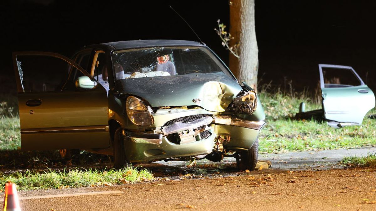 Auto frontaal op boom in Enschede