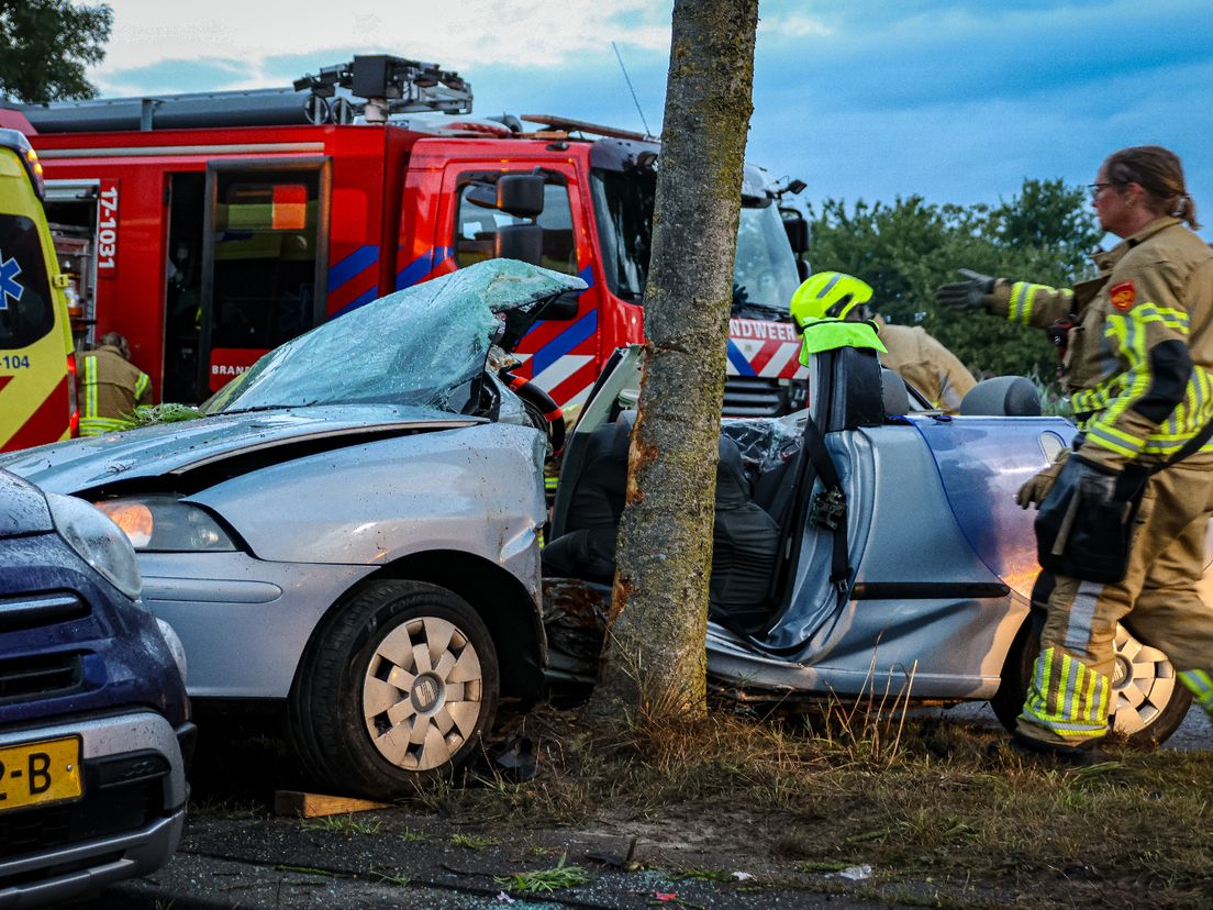 Auto vouwt zich om boom na aanrijding