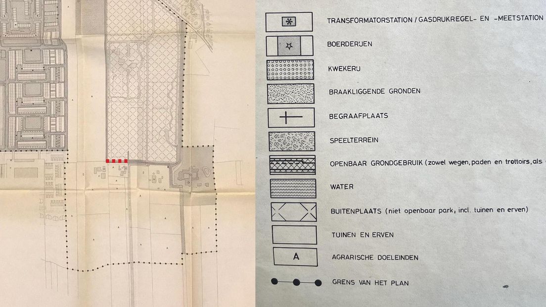 Op een bestemmingsplan uit 1980 is het pad openbaar, in het rood het nu afgesloten stuk