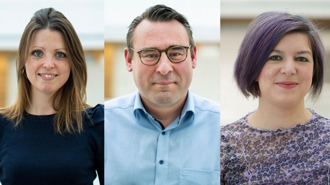 Lotte van Basten Batenburg (VVD, links), Richard de Mos (Hart voor Den Haag, midden), Lesley Arp (SP, rechts)