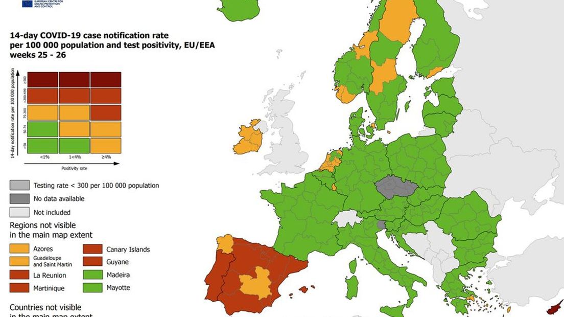 De kaart van het ECDC van 8 juli.