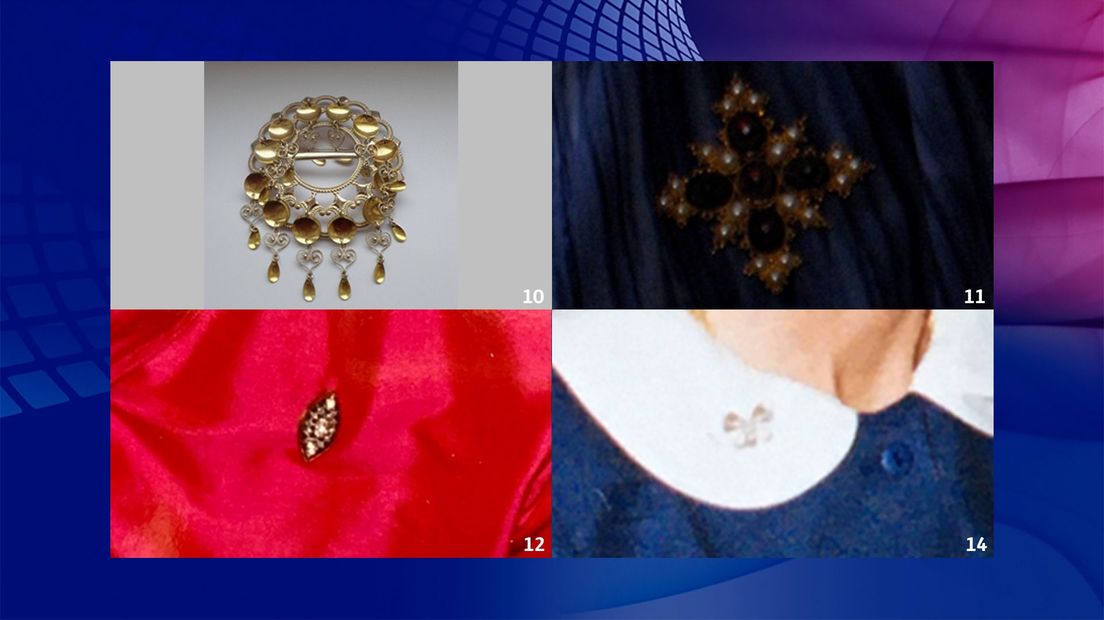 Van links naar rechts: foto 10: zilver Noors bunad broche + rijgketting 11: gouden brochehanger 12: roodgouden broche marquis vorm 14: witgouden gematteerde strik