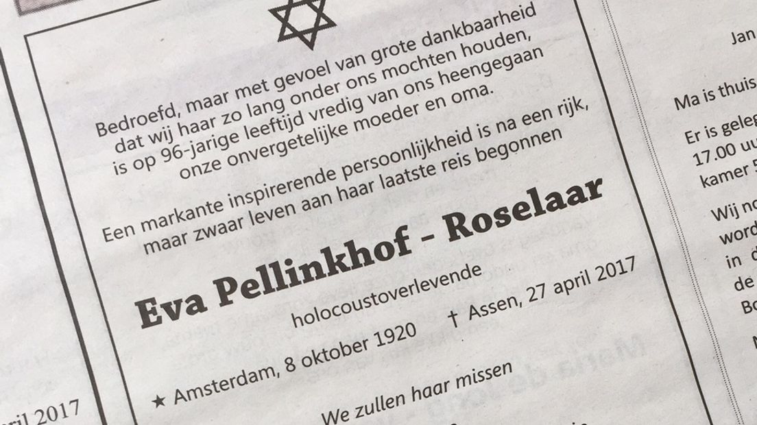 De rouwadvertentie van Eva Pellinkhof-Roselaar in het Dagblad van het Noorden (Rechten: RTV Drenthe)